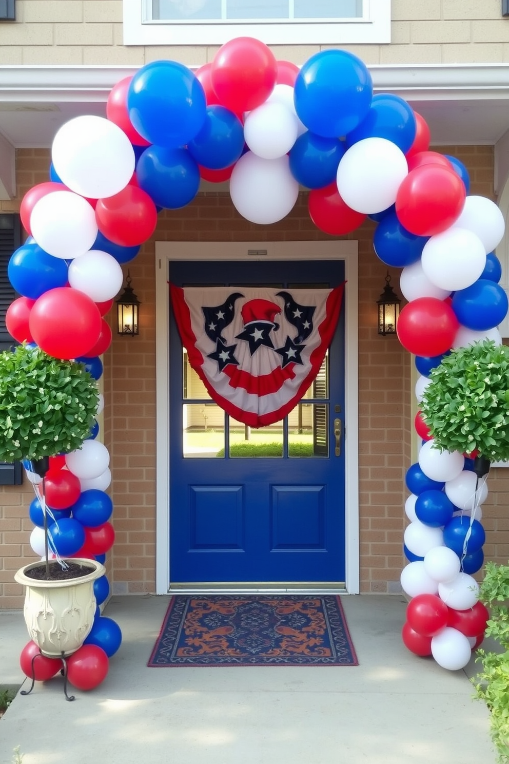 A festive entryway adorned with a vibrant arch of red white and blue balloons. The arch gracefully frames the front door creating a cheerful atmosphere for Independence Day celebrations.