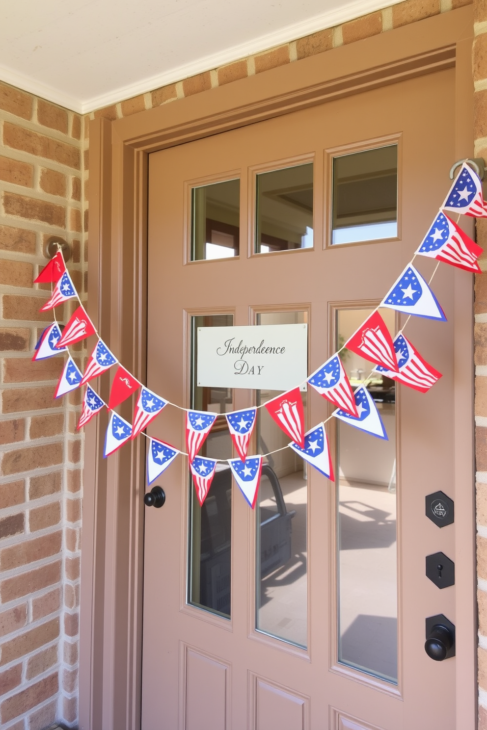 A charming front door decorated for Independence Day. The door frame is painted in red white and blue with festive garlands and stars adorning the edges.