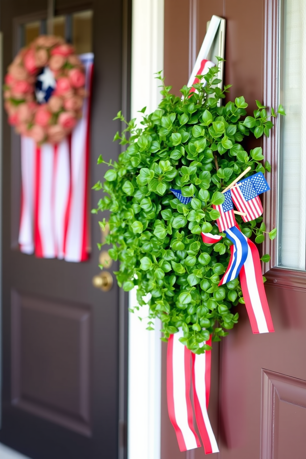 A charming front door adorned with a DIY patriotic door swag featuring lush greenery. The swag is embellished with red white and blue ribbons and small American flags creating a festive and inviting atmosphere for Independence Day celebrations.