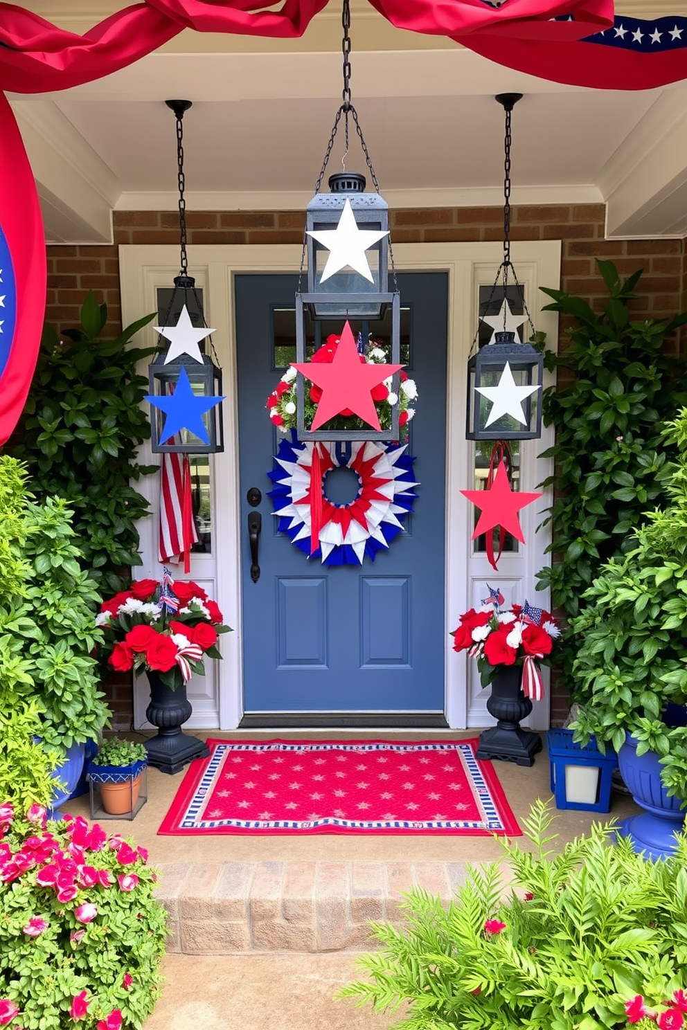 Hanging lanterns with star cutouts are adorned with red white and blue accents creating a festive ambiance for Independence Day. The front door is framed with lush greenery and a vibrant welcome mat enhancing the patriotic theme.