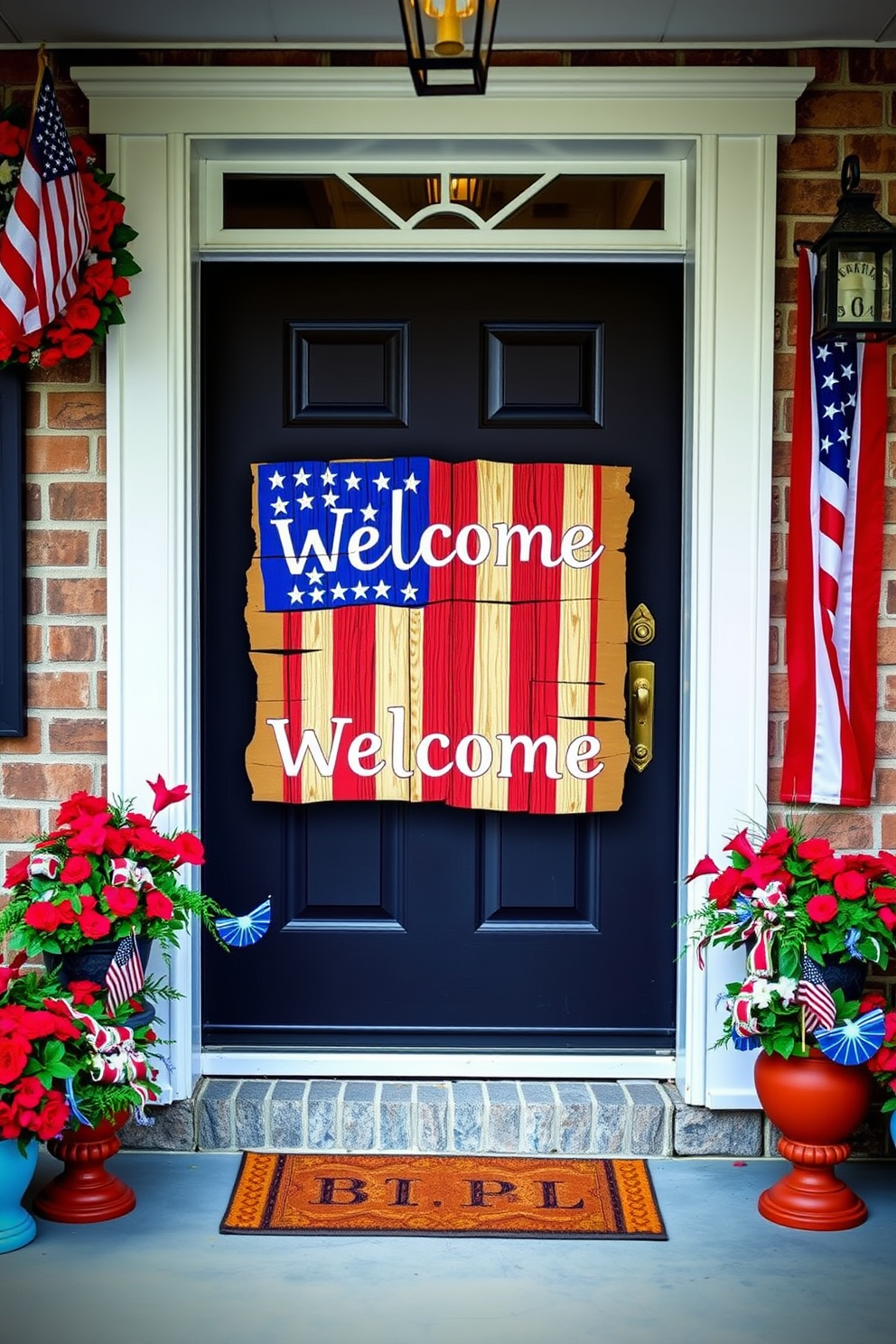 A vibrant American flag door banner hangs proudly on the front door, showcasing red white and blue in celebration of Independence Day. Surrounding the door are festive decorations such as red geraniums in white pots and a welcome mat featuring stars and stripes.