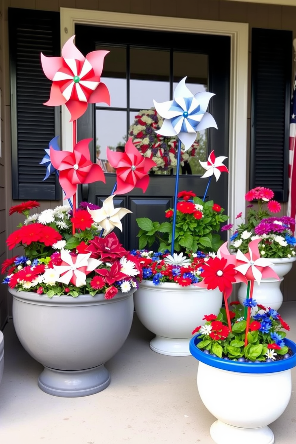 A vibrant front porch adorned with colorful pinwheels in flower pots. The flower pots are filled with a mix of red white and blue flowers celebrating Independence Day.