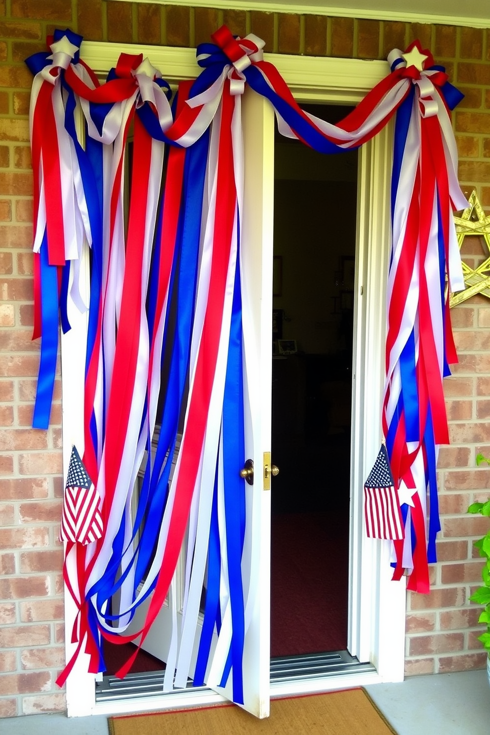 A charming front door adorned with vibrant red white and blue ribbon streamers creating a festive atmosphere. The door frame is enhanced with small American flags and decorative stars for a patriotic touch.