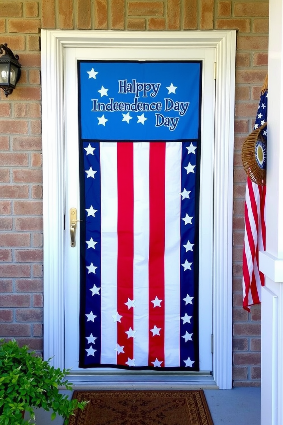 A vibrant front door adorned with a stars and stripes themed cover celebrating Independence Day. The door cover features bold red and white stripes with a blue field filled with white stars, creating a festive and patriotic atmosphere.