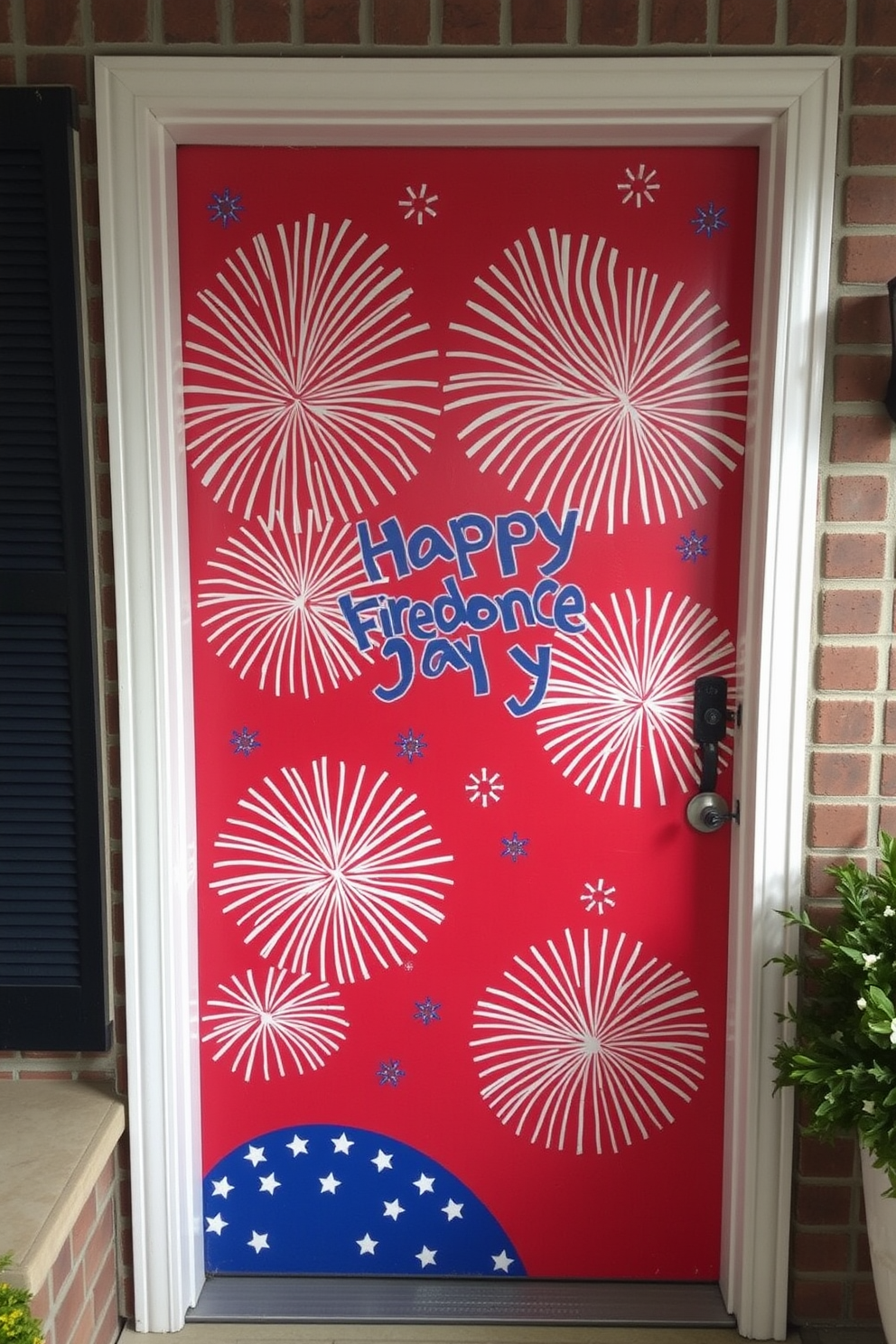 Decorative wooden letters spelling USA are arranged in a visually appealing display on the front door. The letters are painted in vibrant red white and blue colors to celebrate Independence Day.