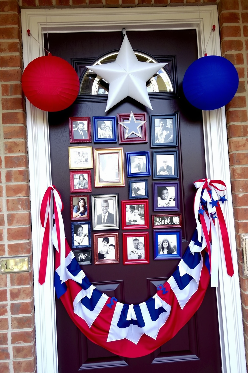 A patriotic themed photo display adorns the front door, featuring a mix of red, white, and blue frames showcasing cherished memories. Bunting and ribbons in national colors drape elegantly around the door, creating a festive atmosphere for Independence Day celebrations.