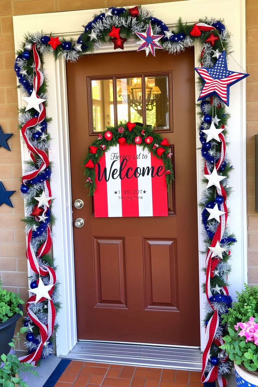 A welcoming front door adorned with a vibrant welcome sign featuring red white and blue accents. The sign is surrounded by festive decorations including stars and stripes garlands that evoke the spirit of Independence Day.