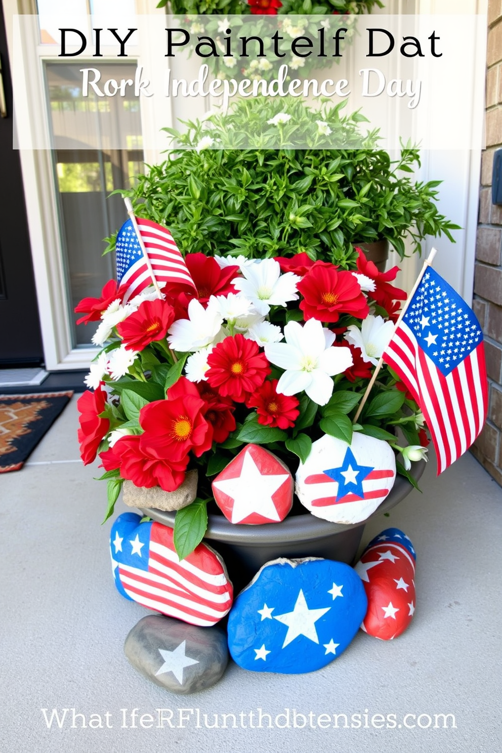 A charming front porch decorated for Independence Day featuring DIY painted rocks adorned with stars and stripes. The rocks are arranged artfully around a potted red, white, and blue flower arrangement, creating a festive and welcoming atmosphere.