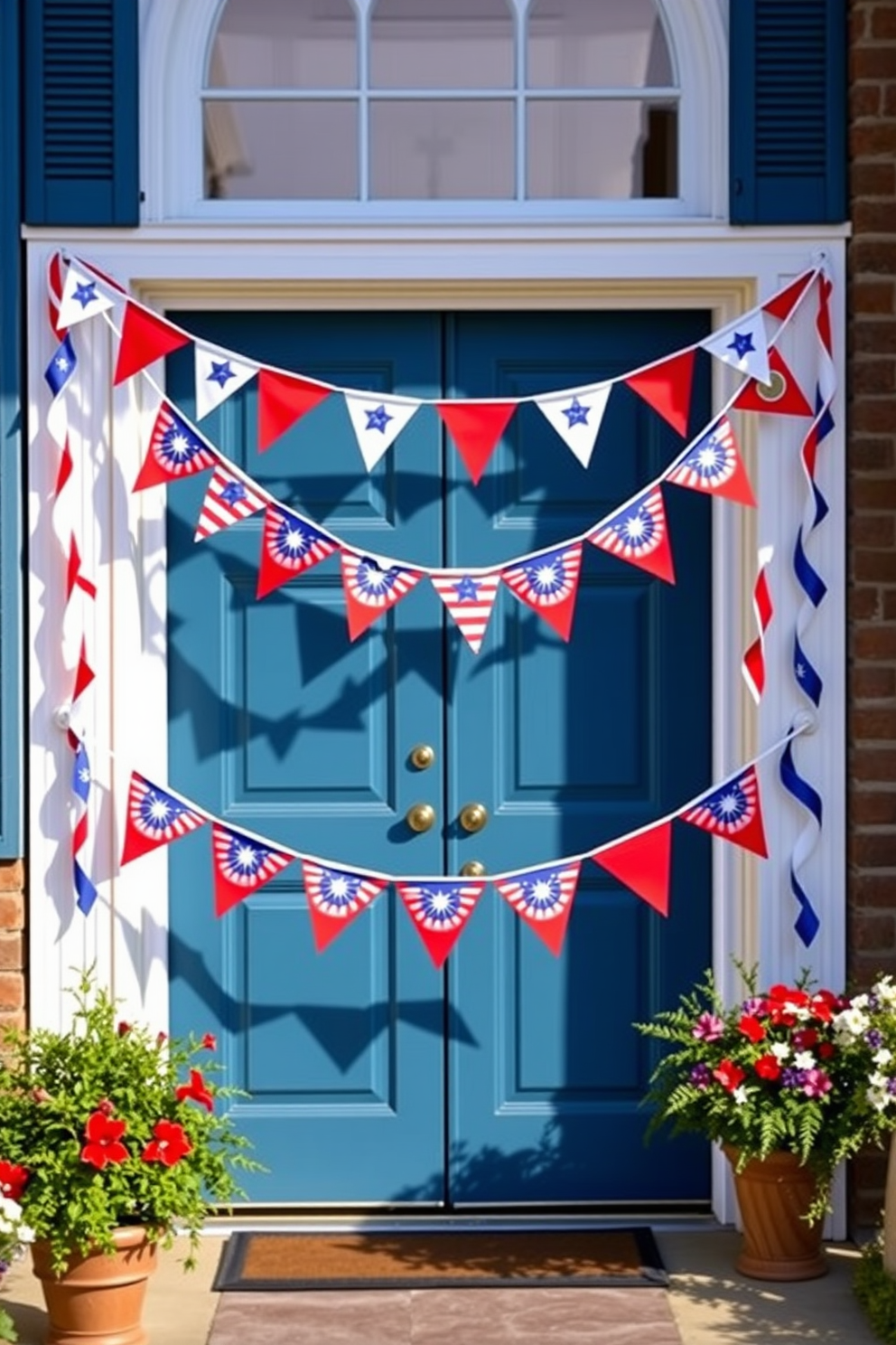 A charming front door adorned with star shaped fairy lights creating a festive atmosphere for Independence Day. The door is painted in a vibrant red, complemented by a wreath featuring blue and white flowers, celebrating the colors of the flag.