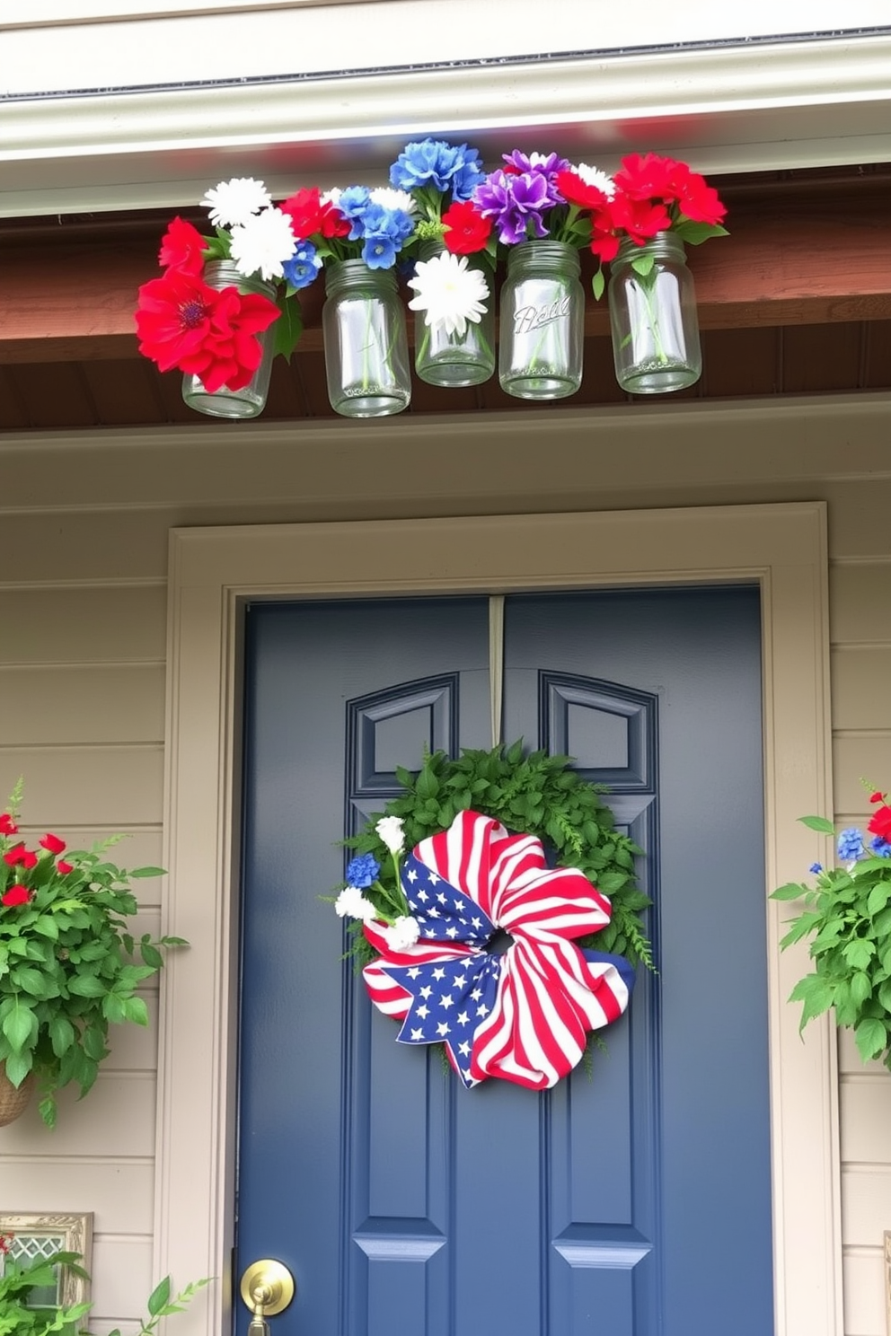 Hanging mason jars filled with vibrant red white and blue flowers are beautifully arranged along a rustic wooden beam above the front door. The front door itself is painted a classic navy blue with a cheerful wreath featuring stars and stripes to celebrate Independence Day.