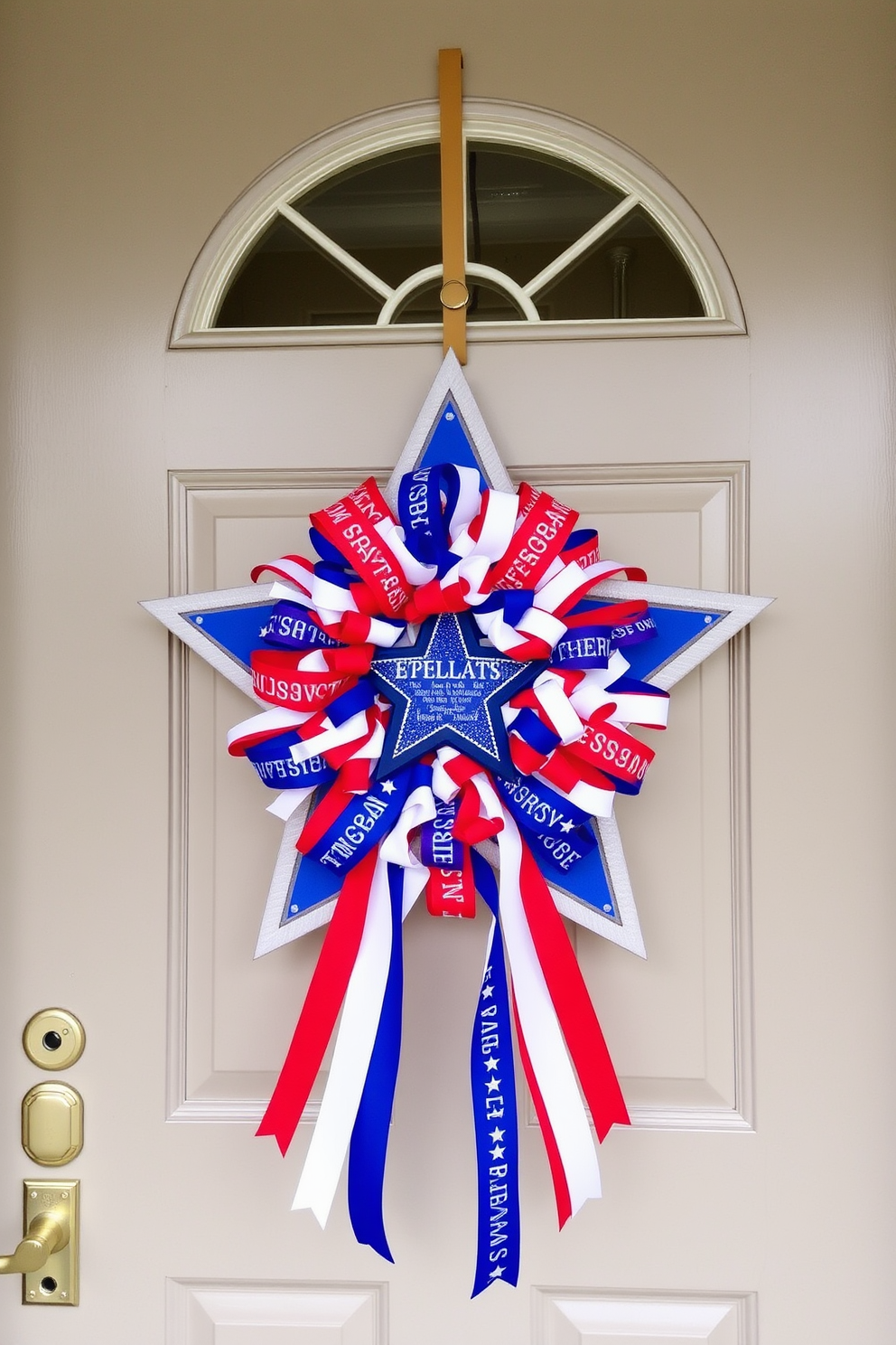 A star shaped door hanger adorned with red white and blue ribbons hangs proudly on the front door. The vibrant colors and festive design create a welcoming atmosphere for Independence Day celebrations.