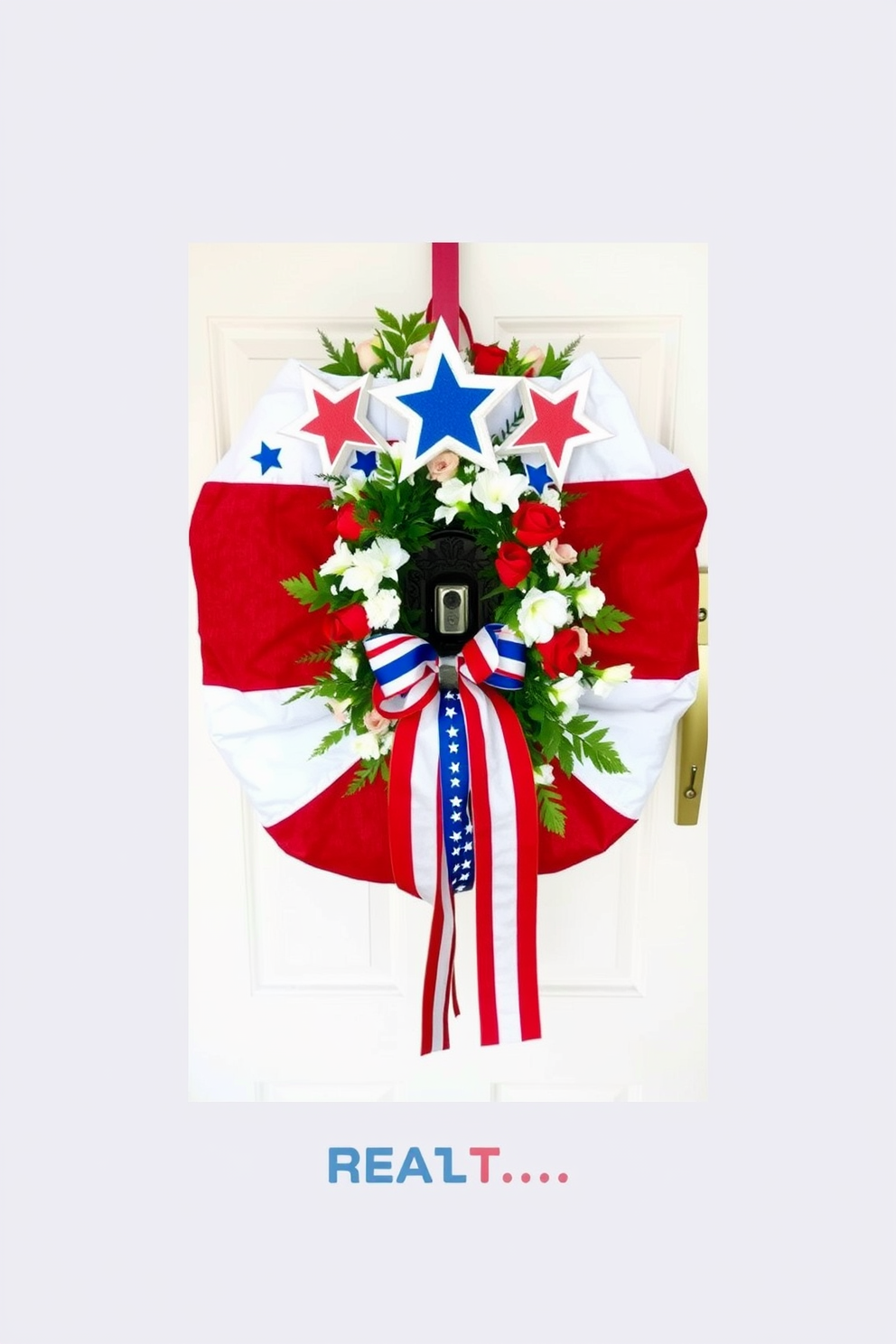 A patriotic themed doorbell cover features a vibrant design with red white and blue colors. Stars and stripes adorn the cover creating a festive look for Independence Day celebrations. The front door is adorned with a wreath made of seasonal flowers and ribbons in national colors. A welcome mat with a flag motif complements the doorbell cover enhancing the overall festive atmosphere.