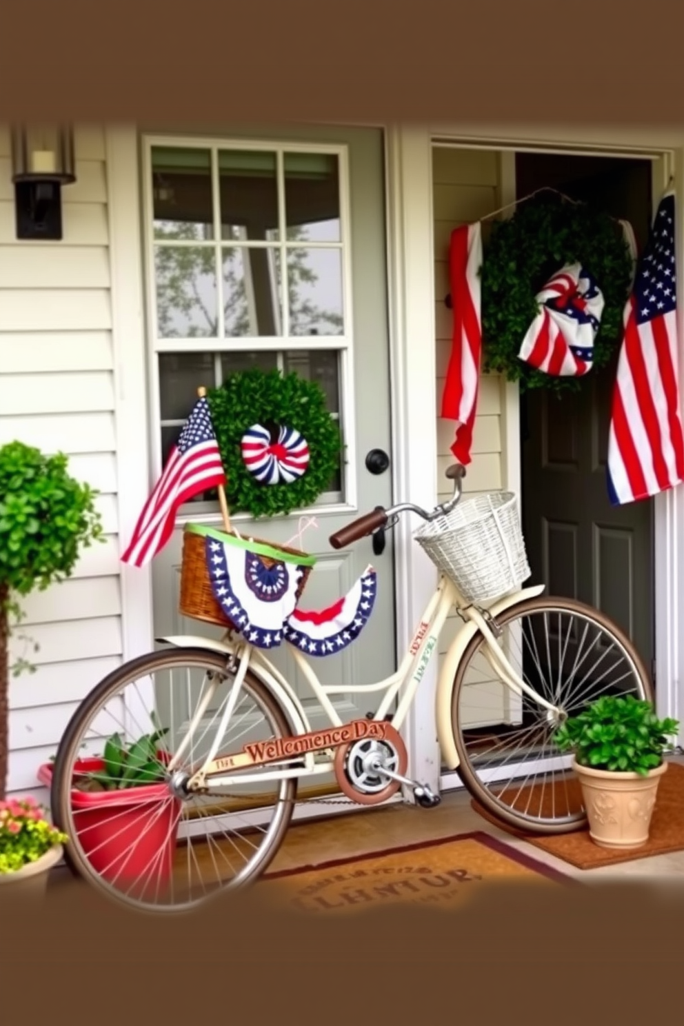 A festive front door adorned with a large red white and blue ribbon bow creating a patriotic accent for Independence Day. Surrounding the door are potted plants with vibrant red and white flowers adding to the celebratory atmosphere.