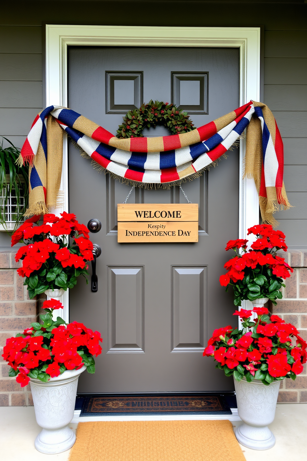 A festive front door adorned with a red white and blue striped burlap garland celebrating Independence Day. The garland is draped elegantly across the door frame, complemented by a rustic wooden welcome sign and potted red geraniums on either side.