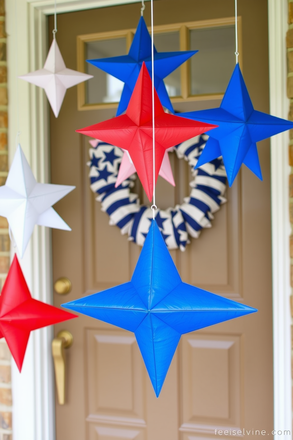 A vibrant door sign celebrating Independence Day features colorful fireworks bursting in the night sky. The sign is adorned with red, white, and blue accents, creating a festive atmosphere for the front door.