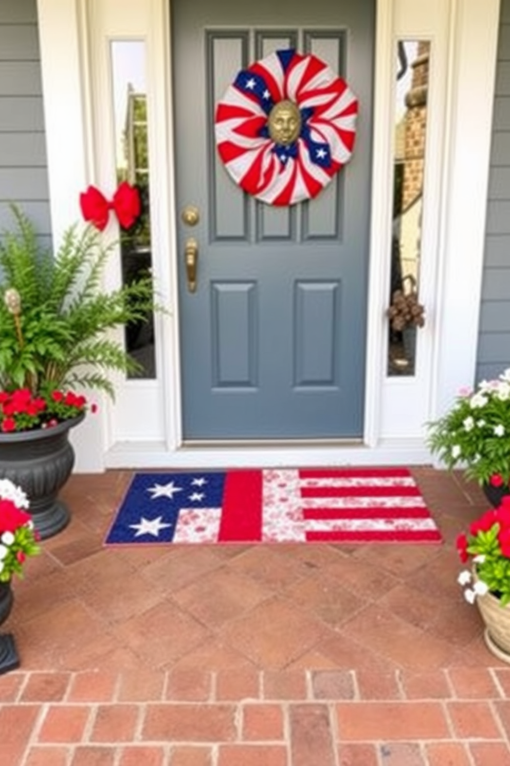 A vibrant flag themed door mat welcomes guests with its bold colors and patriotic design. This eye-catching addition perfectly complements a festive front door adorned with red, white, and blue decorations for Independence Day.