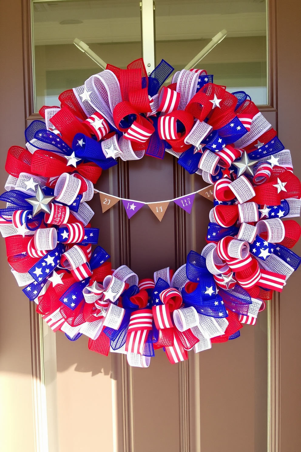 A festive front door adorned with a red white and blue garland that gracefully drapes across the top. The vibrant colors create a patriotic atmosphere, complemented by small decorative stars and ribbons interwoven throughout the garland.