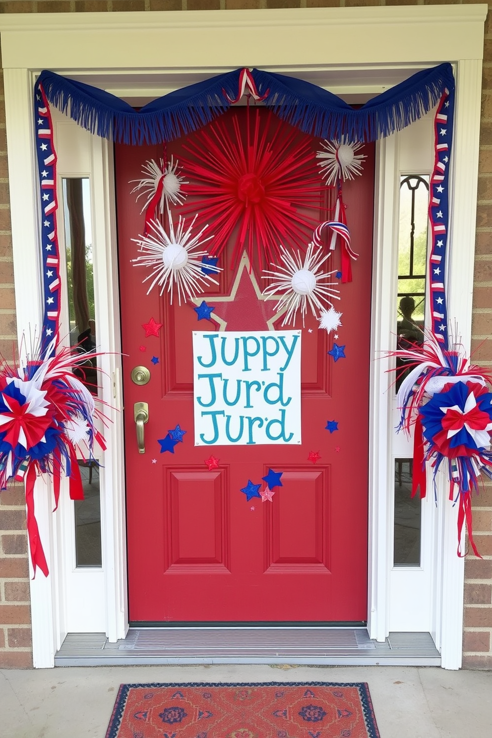 A vibrant front door display inspired by fireworks for Independence Day. The door is adorned with red white and blue decorations including stars and stripes banners along the edges.