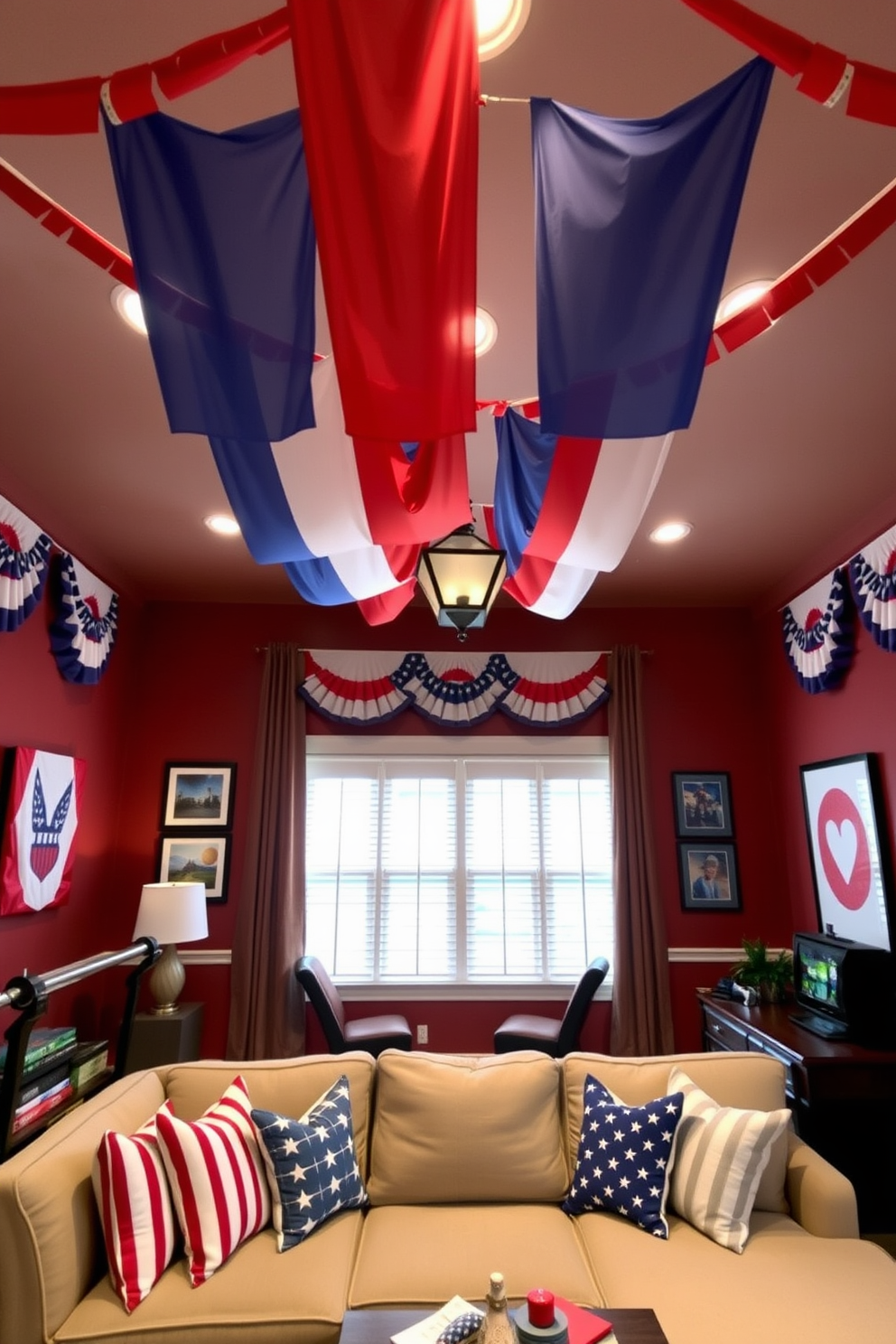 A festive game room decorated for Independence Day features patriotic red white and blue banners hanging from the ceiling. The walls are adorned with themed artwork and the furniture includes a comfortable sectional sofa with throw pillows in matching colors.