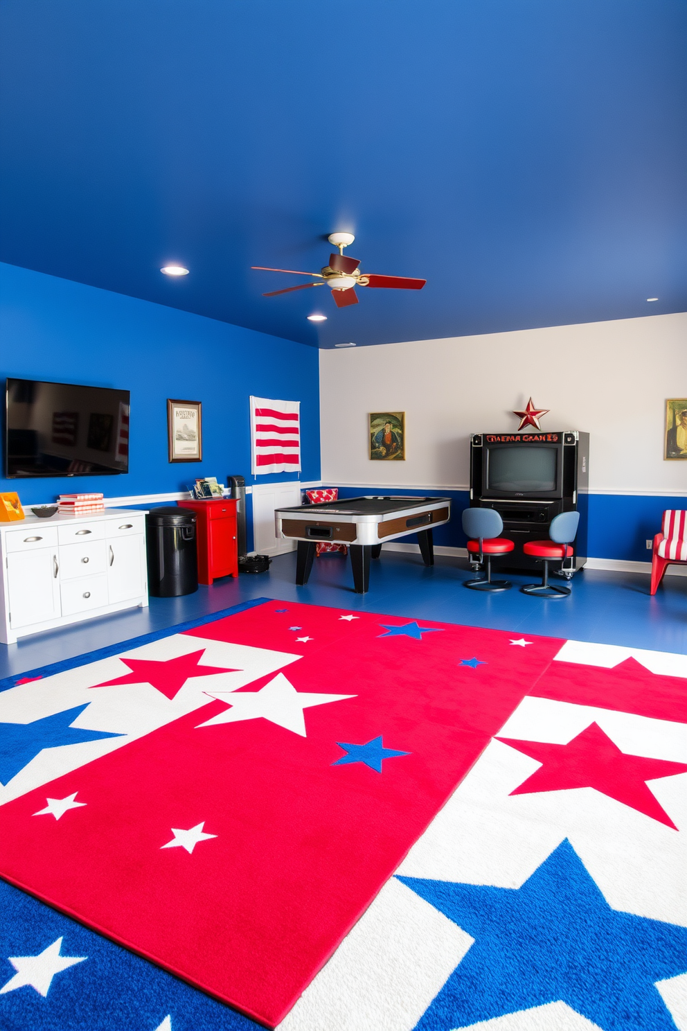 A vibrant game room featuring custom wall murals of colorful fireworks celebrating Independence Day. The space is filled with comfortable seating, a large gaming table, and shelves stocked with board games and entertainment options.