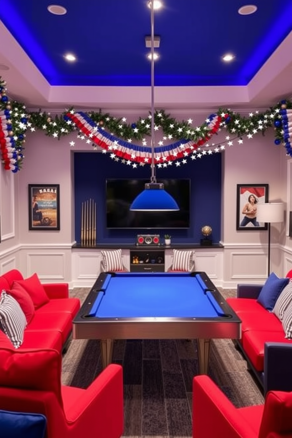 A vibrant game room celebrating Independence Day features a red white and blue color scheme. The walls are adorned with patriotic decorations while gaming consoles are stylishly arranged on a custom-made shelf that echoes the theme.