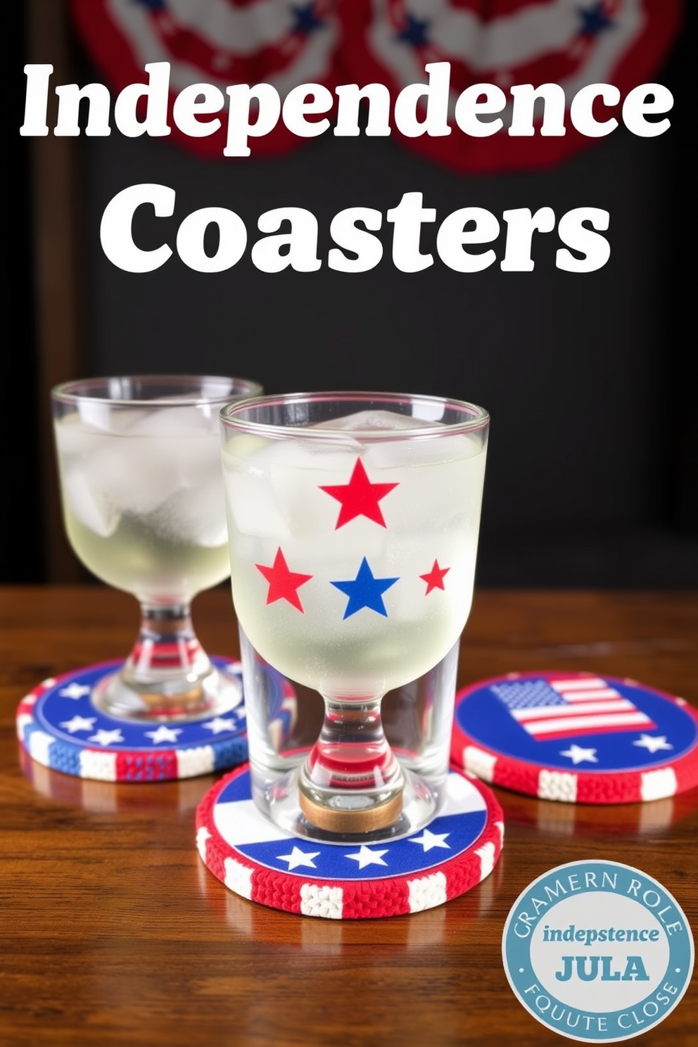 Create a set of patriotic themed coasters for drinks featuring red white and blue colors. Each coaster should display iconic symbols of Independence Day such as stars and stripes and be made from durable materials suitable for a game room setting. Design a game room that celebrates Independence Day with vibrant decorations. Incorporate elements like themed banners and festive lighting to create a lively atmosphere for gatherings and celebrations.