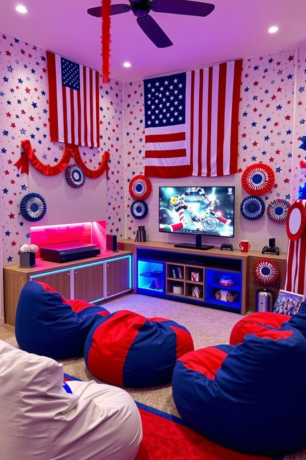 A vibrant Independence Day themed gaming room filled with red white and blue decorations. The walls are adorned with stars and stripes wallpaper and a large American flag hangs prominently. A sleek gaming console is set up on a custom built wooden shelf with patriotic colored LED lights illuminating the space. Comfortable bean bag chairs in red and blue are positioned around a large screen displaying a festive gaming setup.