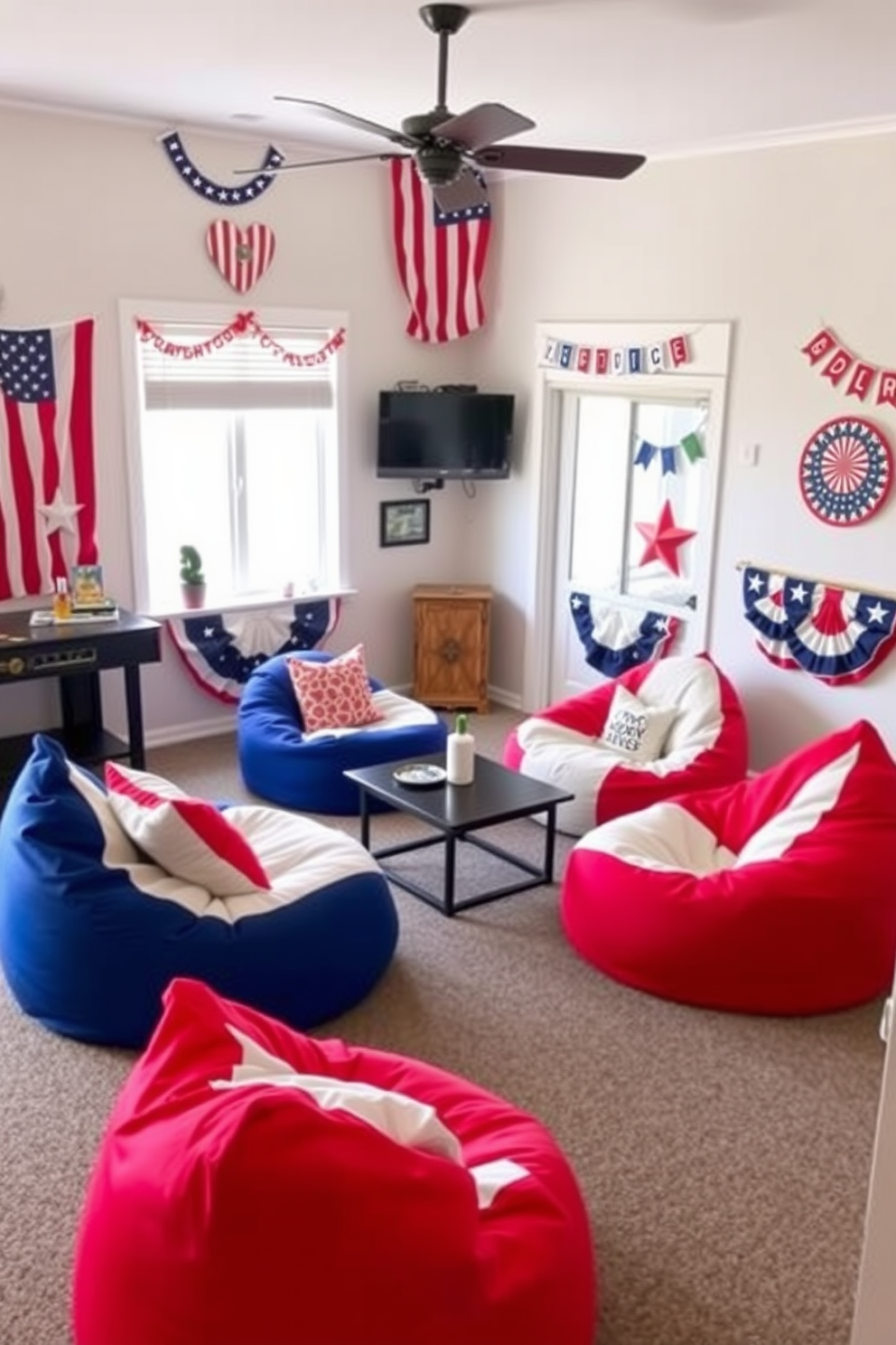 A vibrant game room featuring red white and blue bean bag chairs arranged around a low coffee table. The walls are adorned with patriotic decorations including bunting and flags creating a festive atmosphere for Independence Day celebrations.