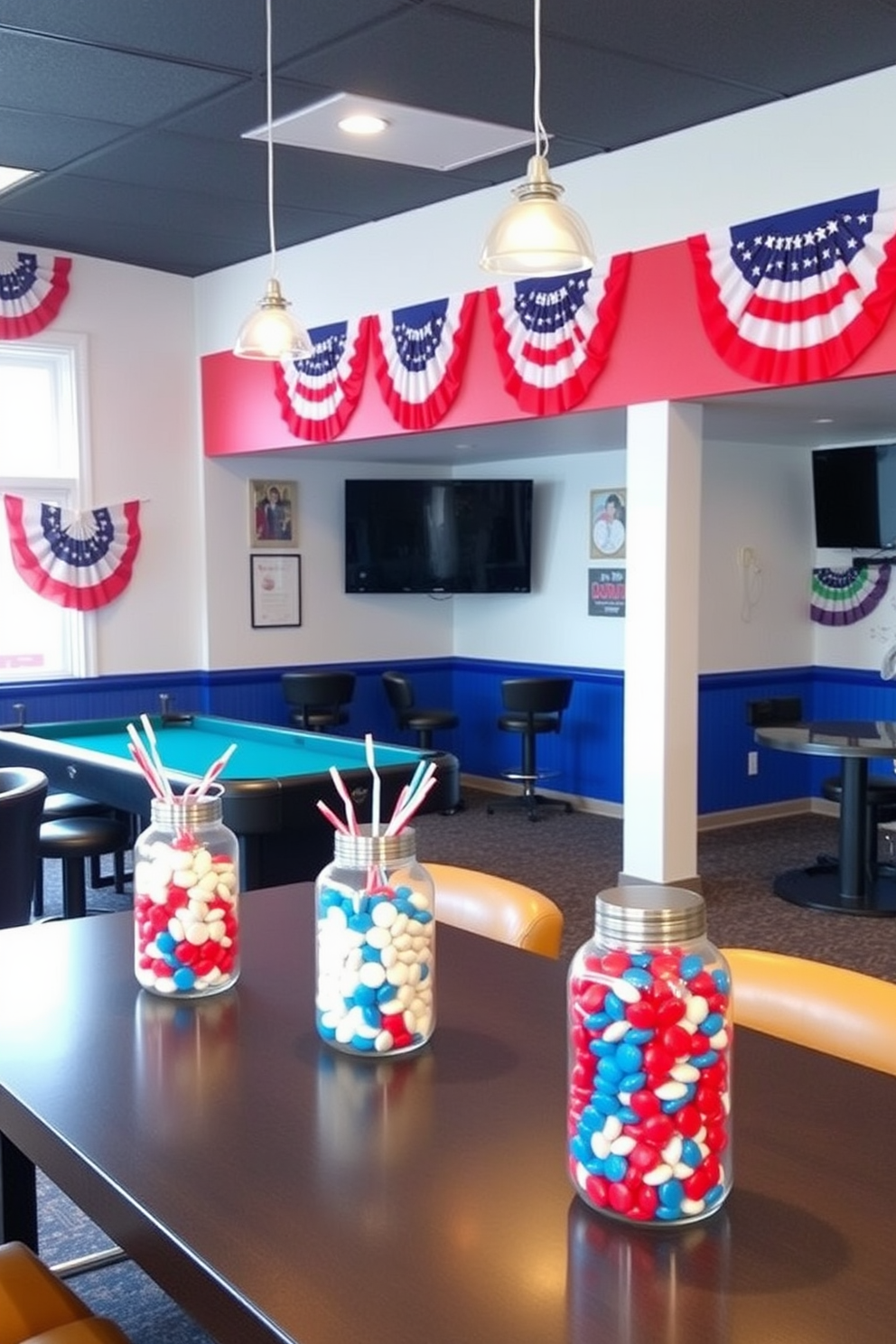 A vibrant game room adorned with DIY patriotic garlands draped elegantly around the windows. The walls are painted in a soft blue hue, and the space is filled with comfortable seating and a large gaming console setup.