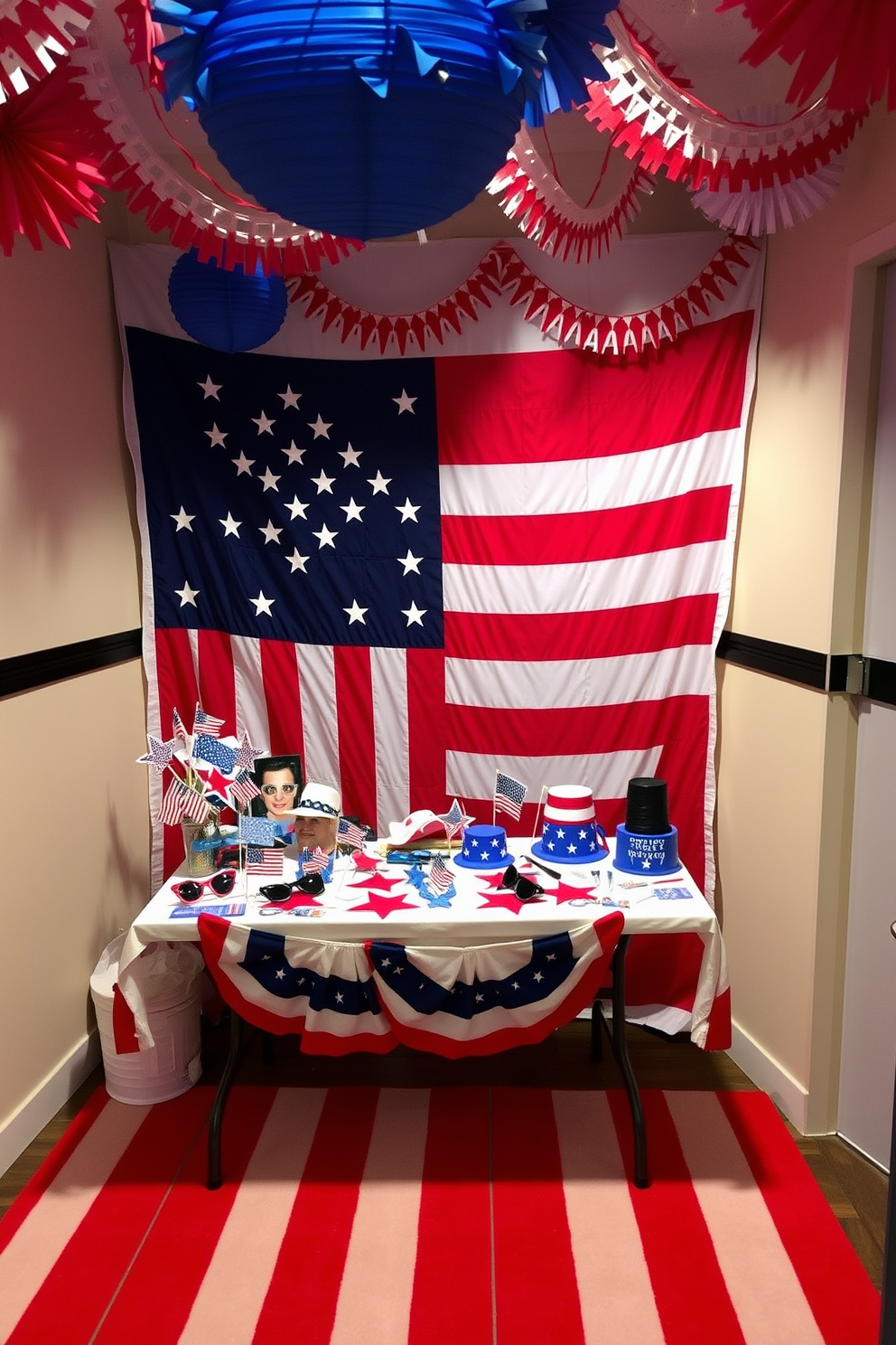 Themed photo booth corner with props for Independence Day. The backdrop features a large American flag, and colorful red, white, and blue decorations hang from the ceiling. A table is adorned with various props such as star-shaped sunglasses, mini flags, and patriotic hats. The floor is covered with a festive red and white striped rug, creating a fun and inviting atmosphere for guests.