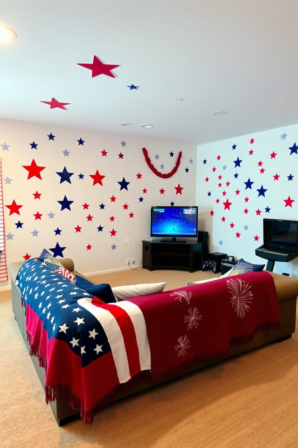 A vibrant game room filled with Fourth of July spirit. The walls are adorned with festive wall decals featuring stars and stripes in red white and blue. A large sectional sofa is positioned in front of a gaming console with a patriotic throw blanket draped over it. Decorative pillows with fireworks patterns add a playful touch to the seating area.