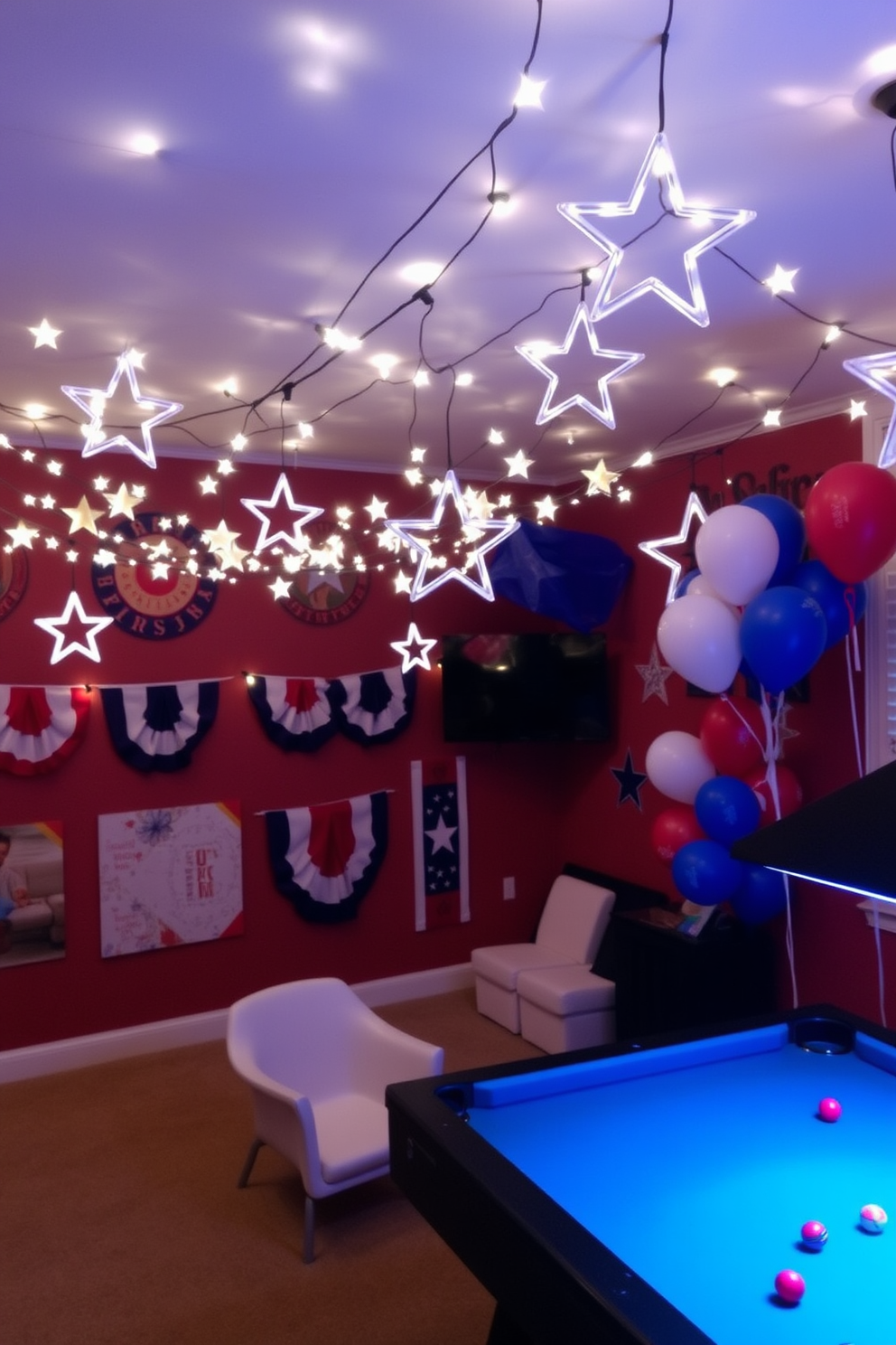 A game room decorated for Independence Day features star shaped fairy lights strung across the ceiling to create a festive ambiance. The walls are adorned with red white and blue decorations including banners and balloons that celebrate the holiday.