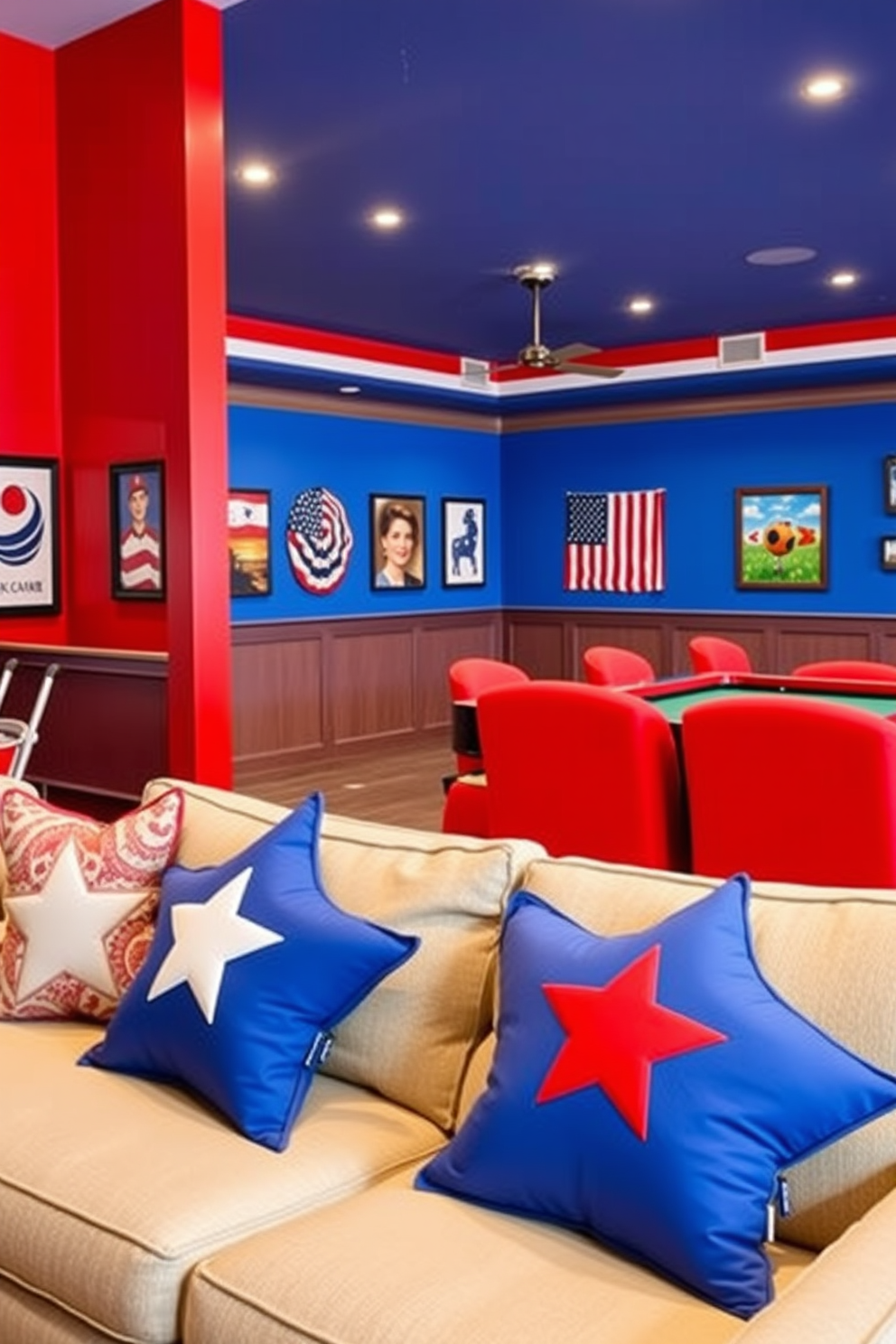 Star shaped throw pillows adorn plush couches in a vibrant game room. The walls are painted in patriotic colors with red, white, and blue accents, creating a festive atmosphere for Independence Day celebrations.