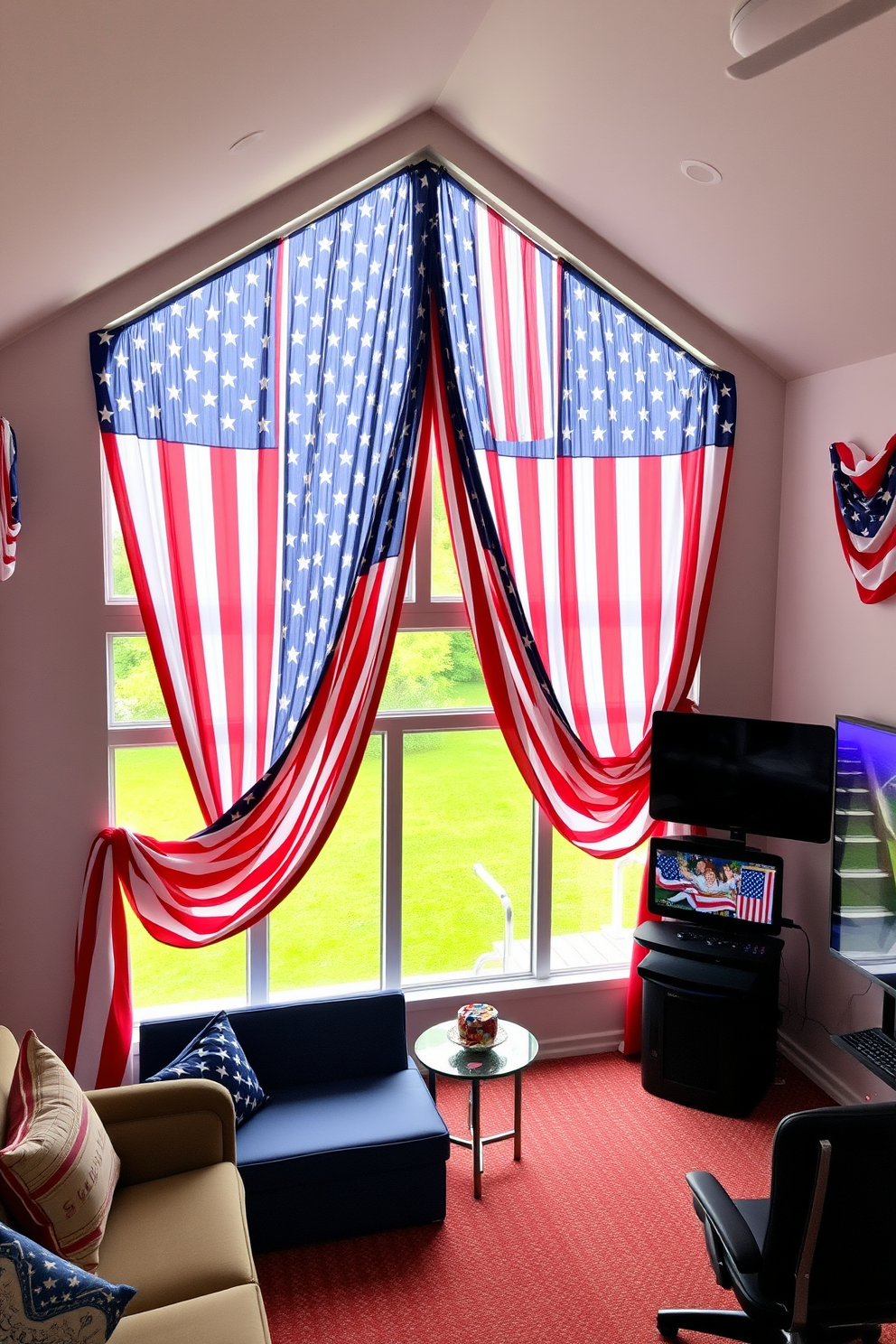 A vibrant game room adorned with American flag patterned curtains that cascade elegantly from the windows. The space is filled with comfortable seating, a large gaming console, and a festive atmosphere perfect for celebrating Independence Day.