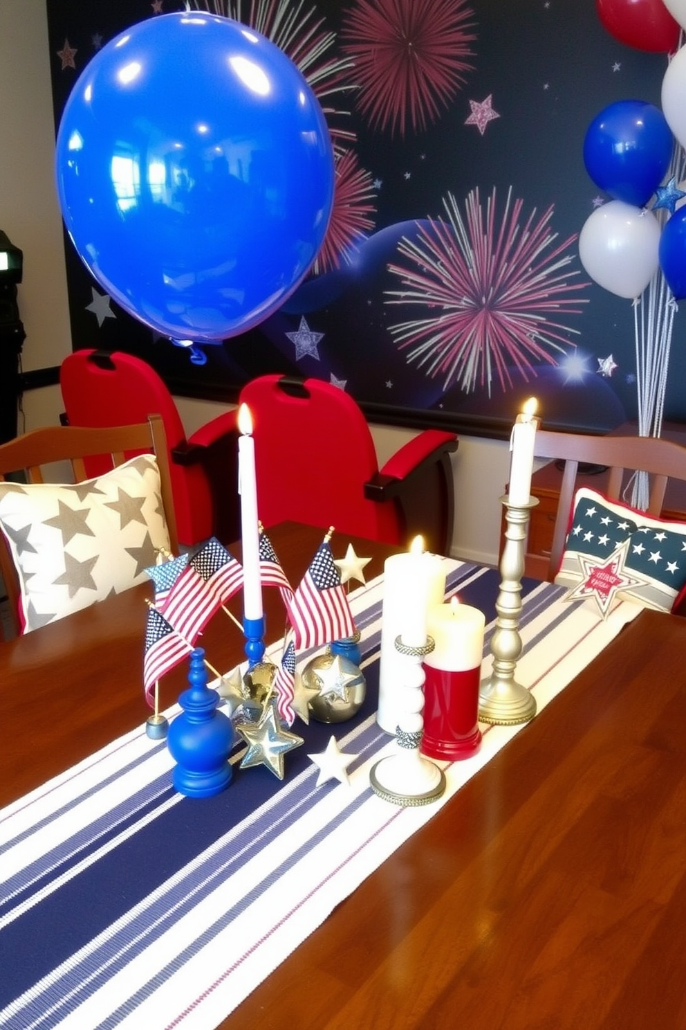 A patriotic themed table centerpiece features a red white and blue color scheme with small American flags and star shaped decorations. The table is adorned with a striped table runner and a collection of themed candles in various heights. For Independence Day game room decorating ideas, incorporate festive banners and balloons in the same patriotic colors. A large wall mural depicting fireworks adds a celebratory touch while gaming chairs are accented with themed cushions.