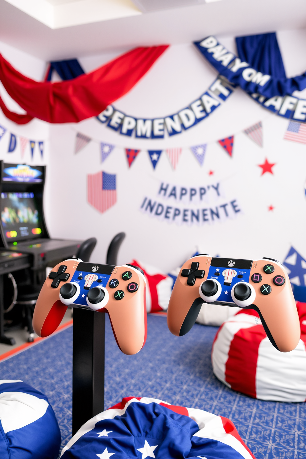 A vibrant game room celebrating Independence Day features gaming controllers adorned with red white and blue designs. The walls are decorated with patriotic bunting and stars while a cozy seating area includes bean bags in flag colors for a festive atmosphere.