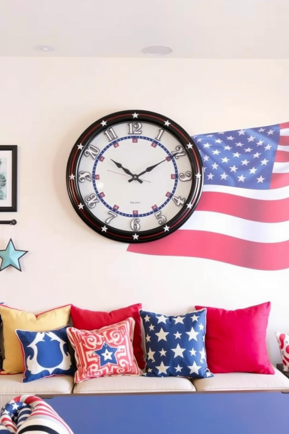 A festive wall clock features a patriotic design with red white and blue colors. It is adorned with stars and stripes and serves as a focal point in the game room. The game room is decorated with themed accessories and comfortable seating for gatherings. Brightly colored cushions and a large American flag mural enhance the celebratory atmosphere.