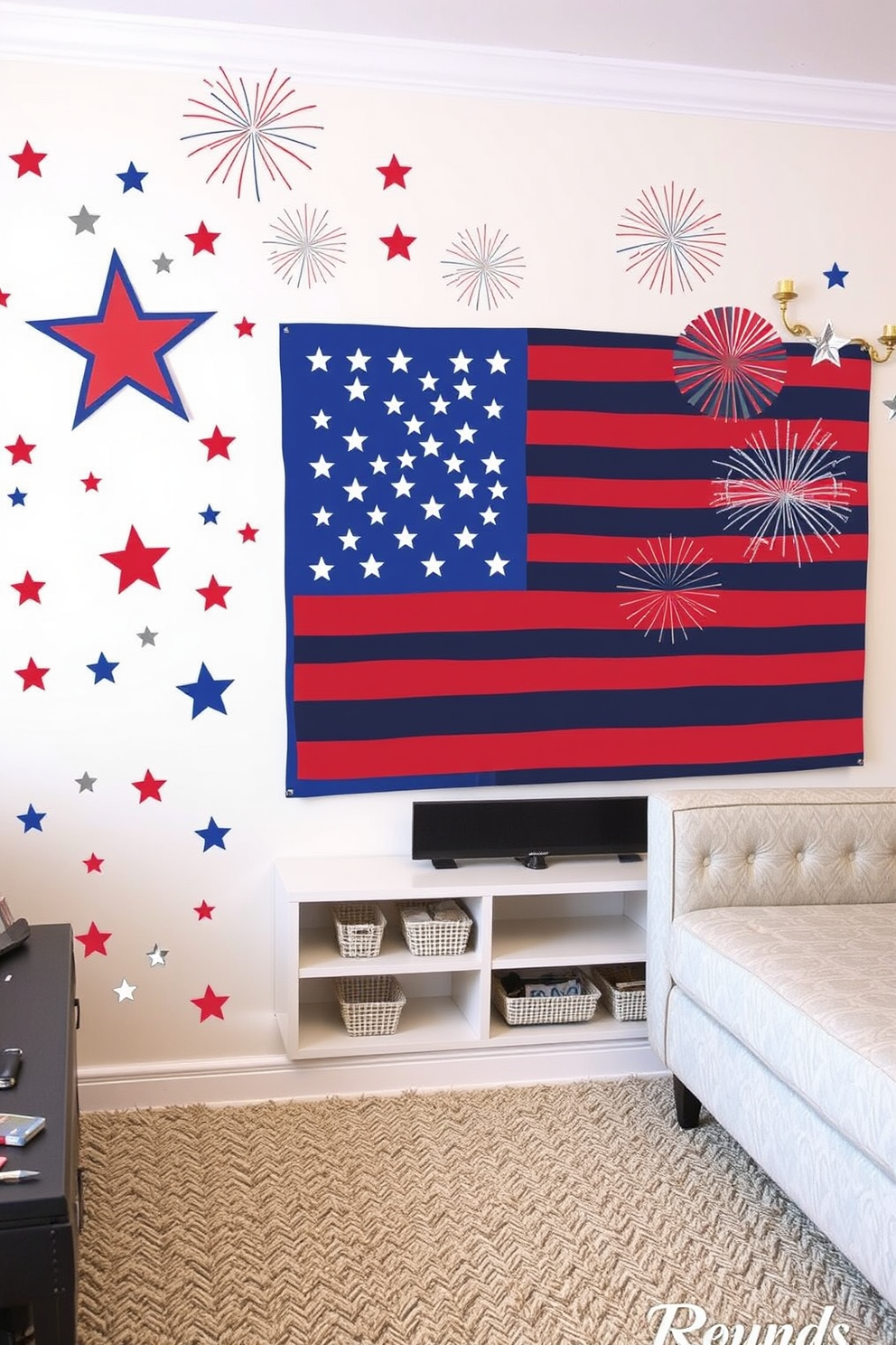 Independence Day themed wall stickers can transform a space with vibrant colors and patriotic symbols. Imagine a living room adorned with stars and stripes stickers, featuring a large American flag design that creates a festive atmosphere. For a game room, think of incorporating red, white, and blue accents with themed decorations. Include wall art showcasing fireworks and iconic symbols of Independence Day, creating an exciting and celebratory environment for gatherings.