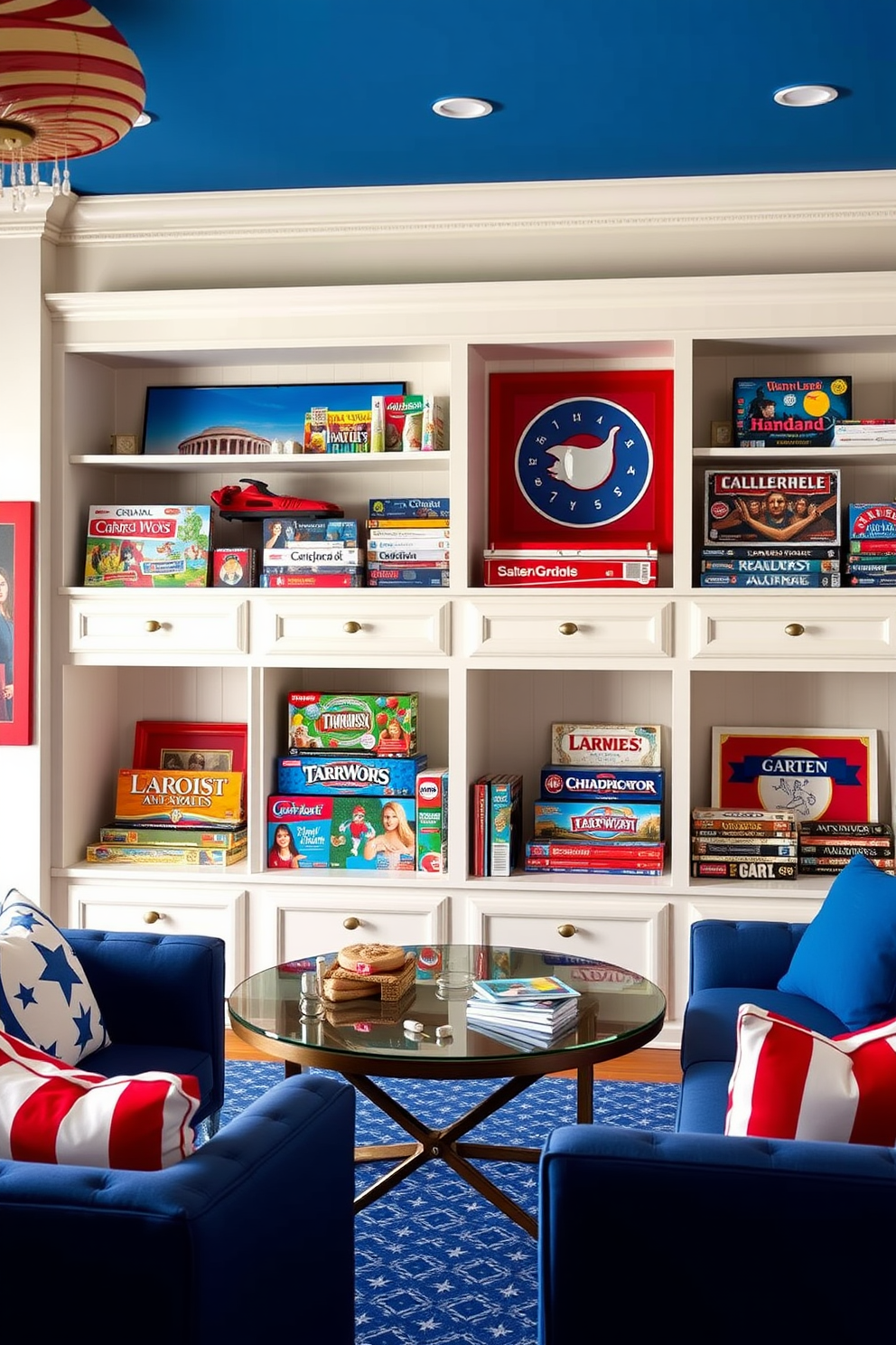 A vibrant game room celebrating Independence Day features a collection of board games in red, white, and blue hues displayed on custom shelving. The walls are adorned with patriotic artwork, and comfortable seating in coordinating colors invites friends and family to gather and enjoy game night.