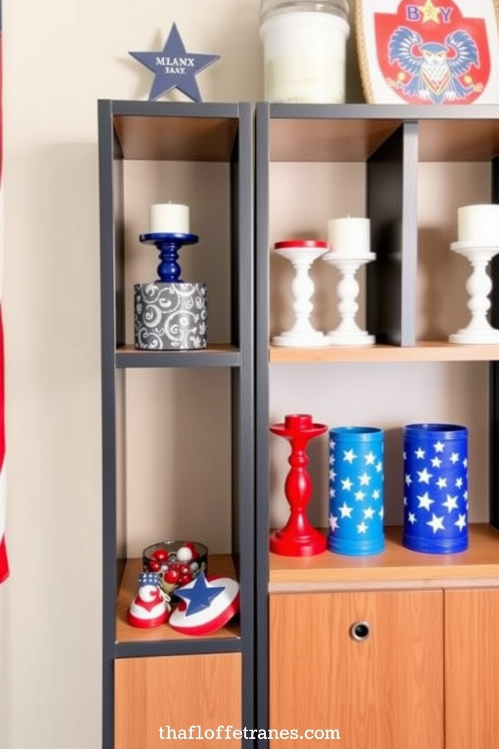 Create a vibrant game room decorated for Independence Day. Shelves are adorned with patriotic themed candle holders in red white and blue, adding a festive touch to the space.