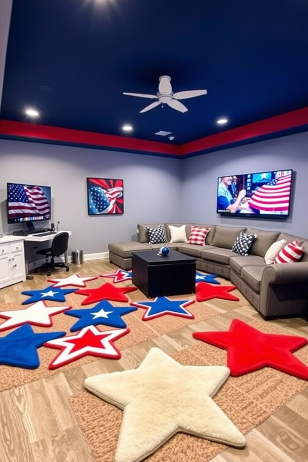 A vibrant game room featuring star shaped rugs in red white and blue colors to celebrate Independence Day. The room includes a large sectional sofa adorned with patriotic throw pillows and a wall-mounted TV for gaming and viewing pleasure.