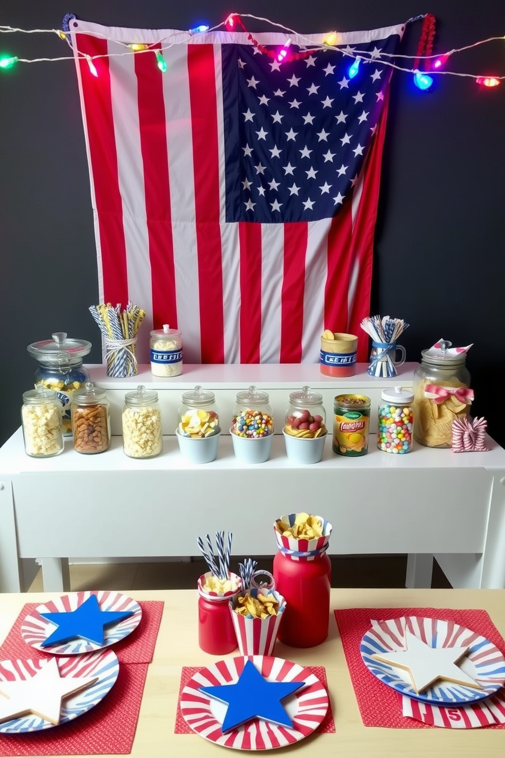 A themed snack station designed for Independence Day featuring vibrant red, white, and blue decor. The table is adorned with festive tableware, including star-shaped plates and striped napkins, while a large American flag serves as a backdrop. Colorful jars filled with various snacks like popcorn, candies, and chips are arranged neatly on the table. String lights in patriotic colors are draped around the area to create a festive atmosphere for the game room.