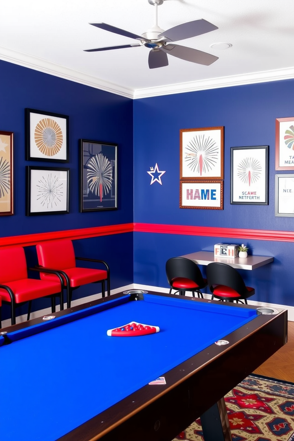 A vibrant game room decorated for Independence Day features vintage American flags as wall art. The room is filled with a mix of classic arcade games and comfortable seating, creating a festive yet cozy atmosphere.