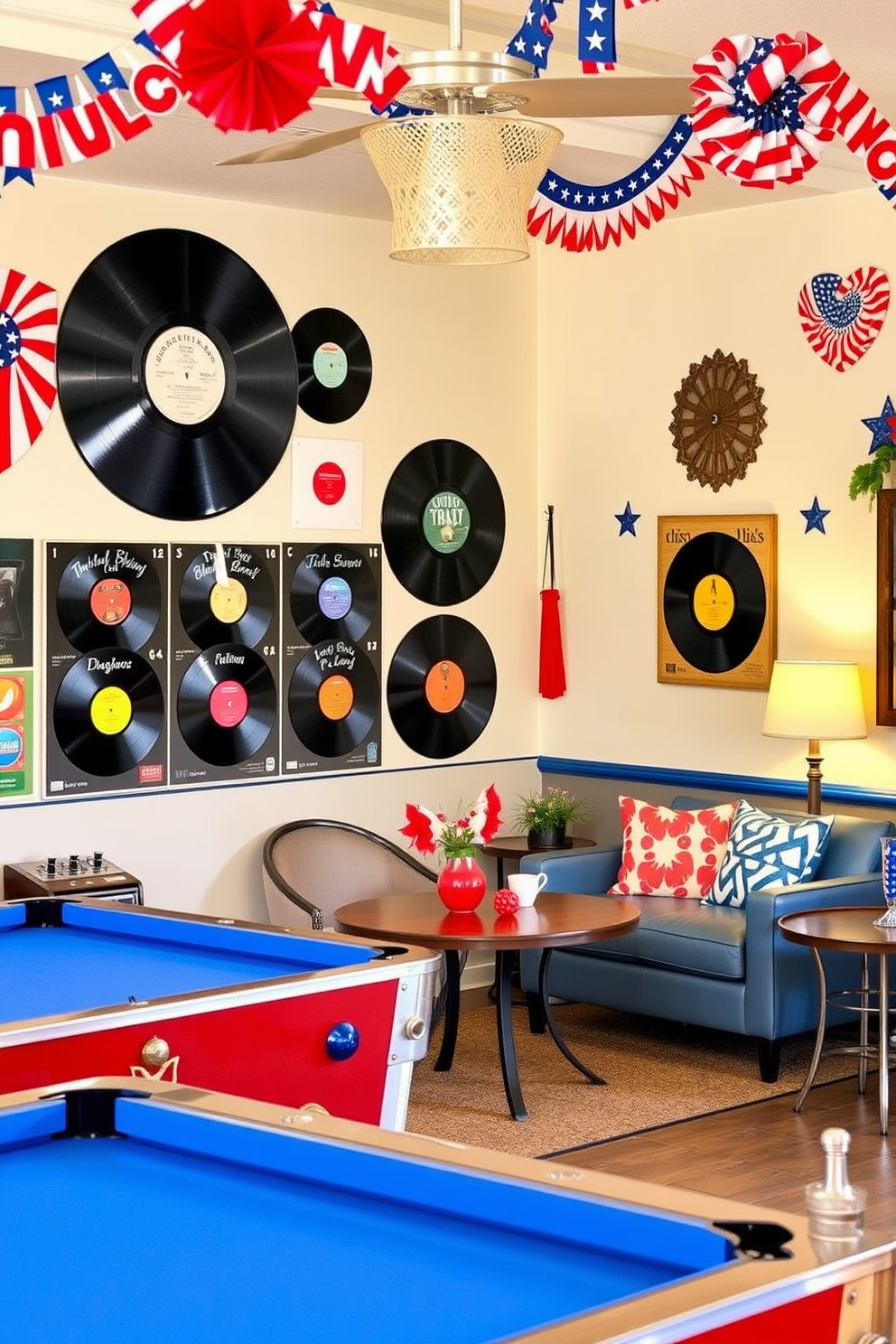 A vibrant game room designed with a red white and blue theme features a comfortable sectional sofa adorned with patriotic throw pillows. The walls are painted in a deep navy blue, while the floor is covered with a large area rug that incorporates stripes of red and white. On the gaming table, accessories such as a red and white striped tablecloth and blue LED lighting create a festive atmosphere. Wall art showcasing American flags and Independence Day motifs adds a celebratory touch to the space.