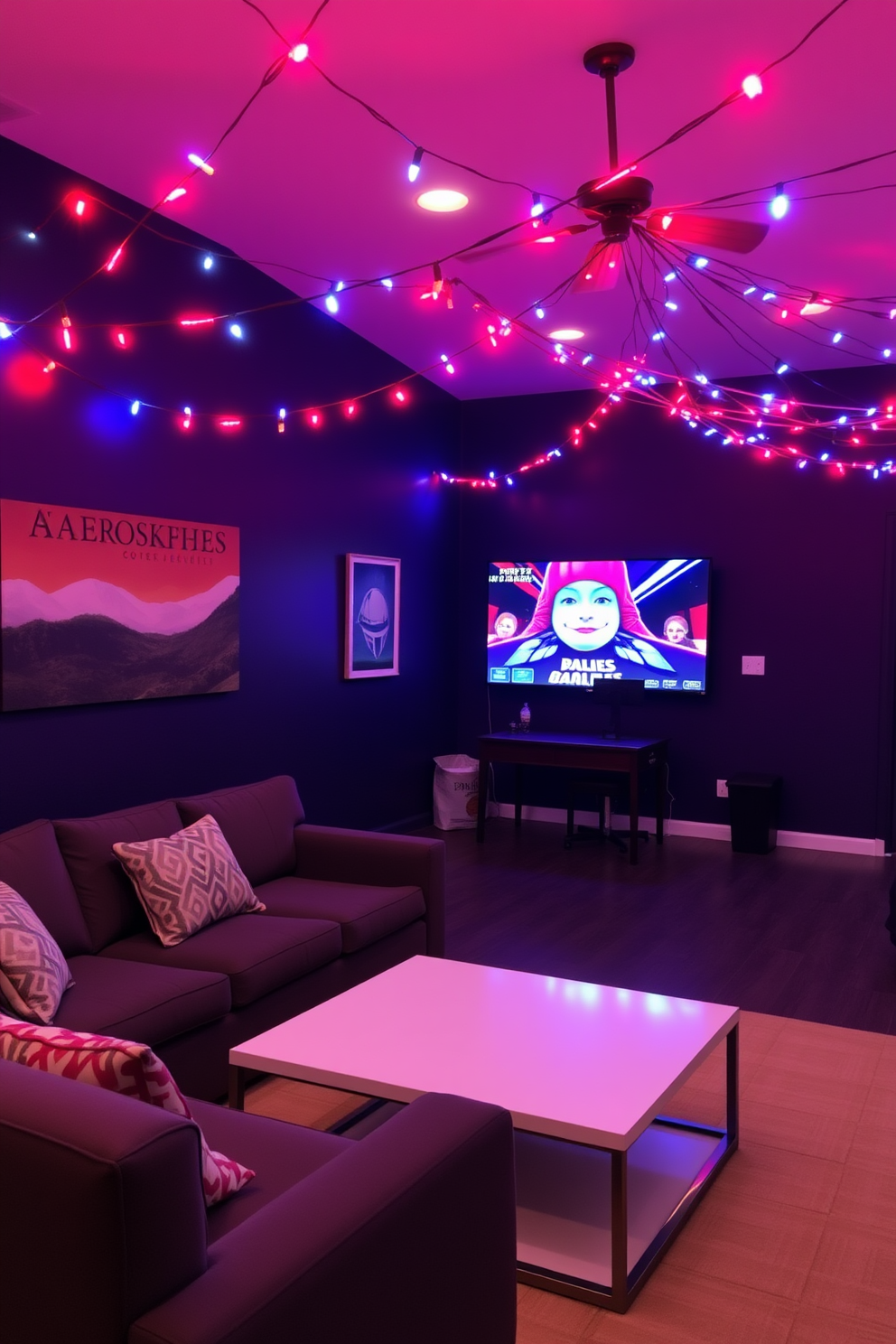 A vibrant game room designed for tabletop games with an Independence Day theme. The walls are adorned with red white and blue decorations featuring stars and stripes while a large table in the center is set with various board games and patriotic-themed accessories. Comfortable seating is arranged around the table with bean bags and lounge chairs in coordinating colors. A festive banner hangs from the ceiling and a collection of themed figurines is displayed on shelves adding to the celebratory atmosphere.