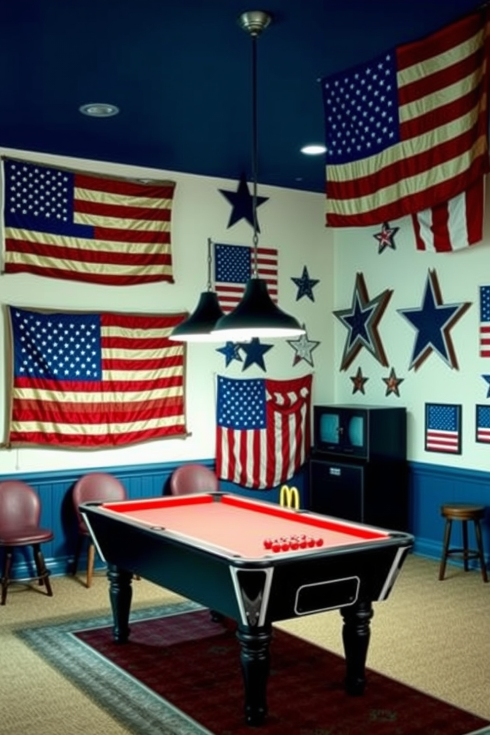 A vibrant game room featuring vintage American flags as wall decor. The walls are adorned with various sizes of flags, creating a festive atmosphere for Independence Day celebrations.