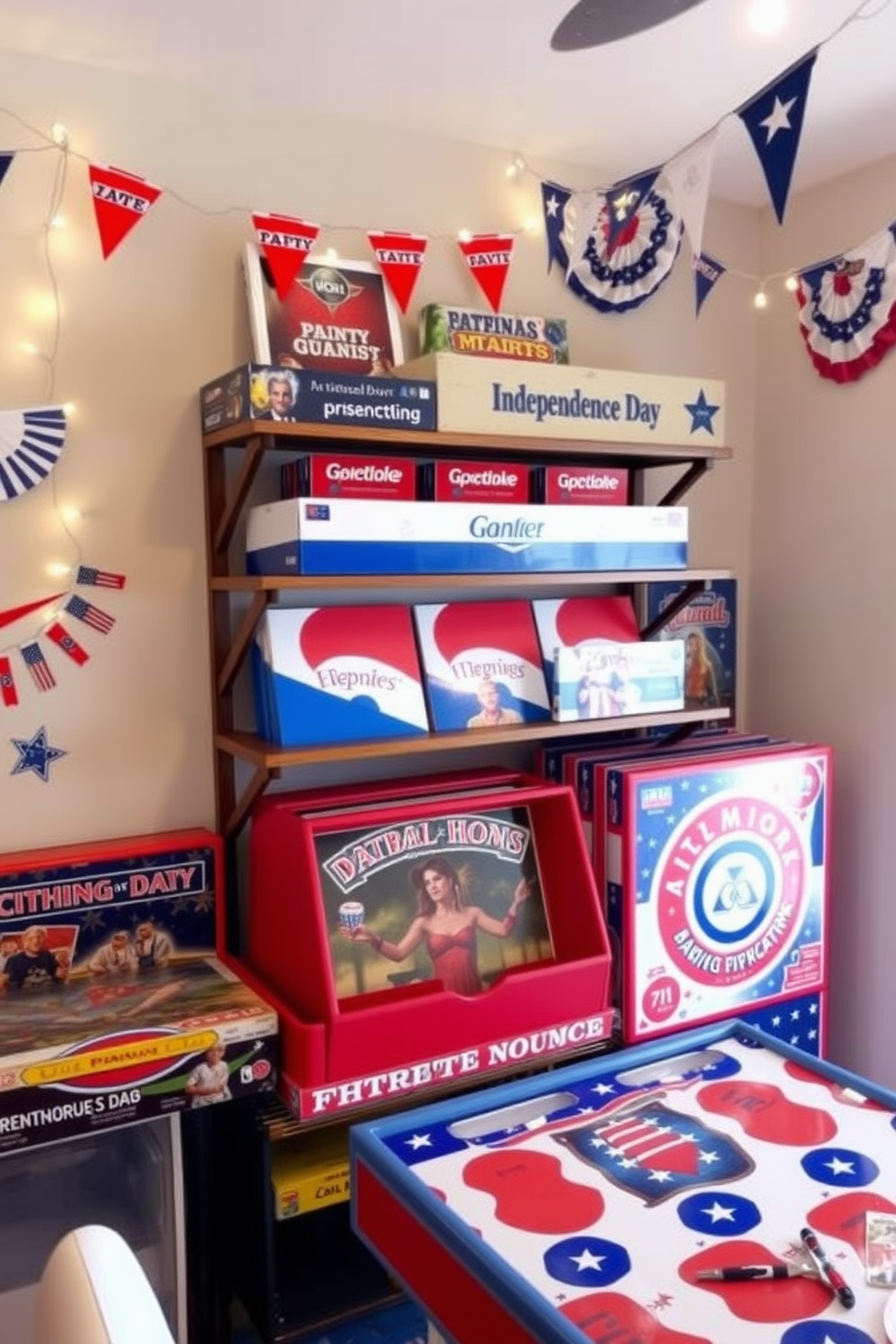 The game room features themed bean bag chairs designed for comfort, adorned with red, white, and blue fabrics that celebrate Independence Day. The space is filled with festive decorations, including stars and stripes accents, creating an inviting atmosphere for friends and family to enjoy.