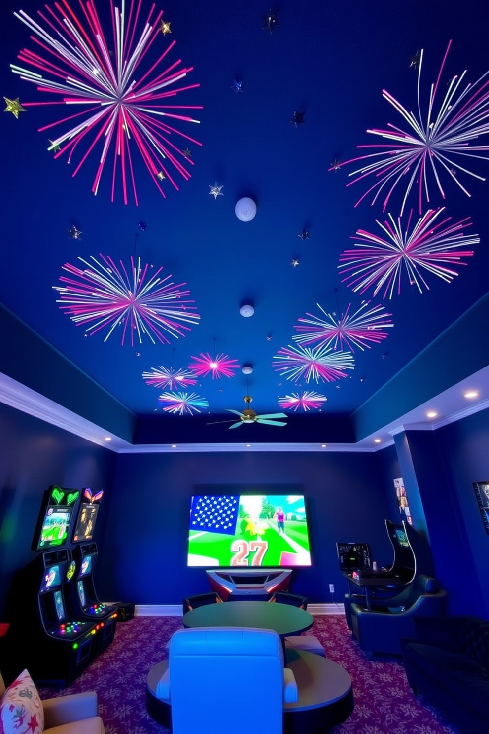 A vibrant game room featuring a ceiling adorned with colorful firework-inspired decorations that create a festive atmosphere. The walls are painted in a deep blue shade, and the room is filled with comfortable seating and gaming consoles, perfect for entertaining guests on Independence Day.