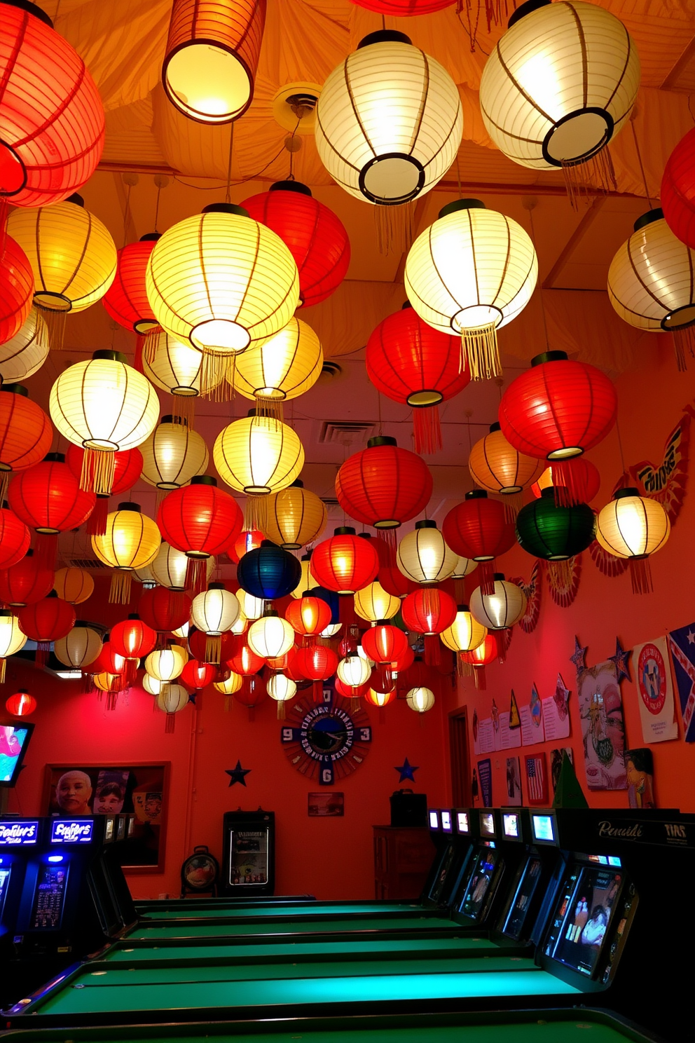 A vibrant game room filled with colorful paper lanterns hanging from the ceiling, casting a warm and festive glow. The walls are adorned with red, white, and blue decorations, creating a lively atmosphere perfect for Independence Day celebrations.