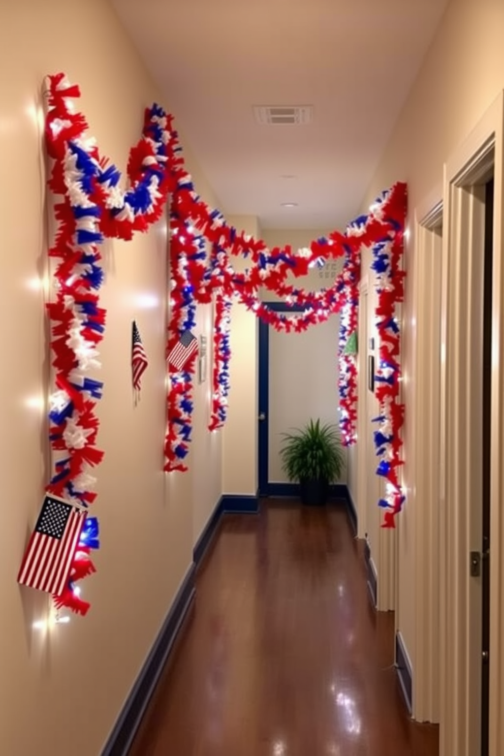 A festive hallway adorned with a vibrant red white and blue garland celebrating Independence Day. The garland drapes elegantly along the walls, complemented by small American flags and twinkling fairy lights for a cheerful ambiance.